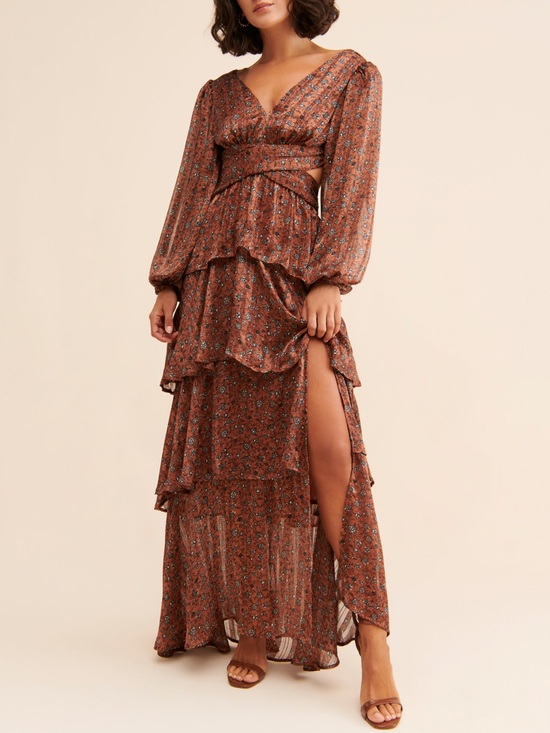 Astr Dresses & Skirts - Astr Tiered Brown Floral Maxi Dress with Side Slit